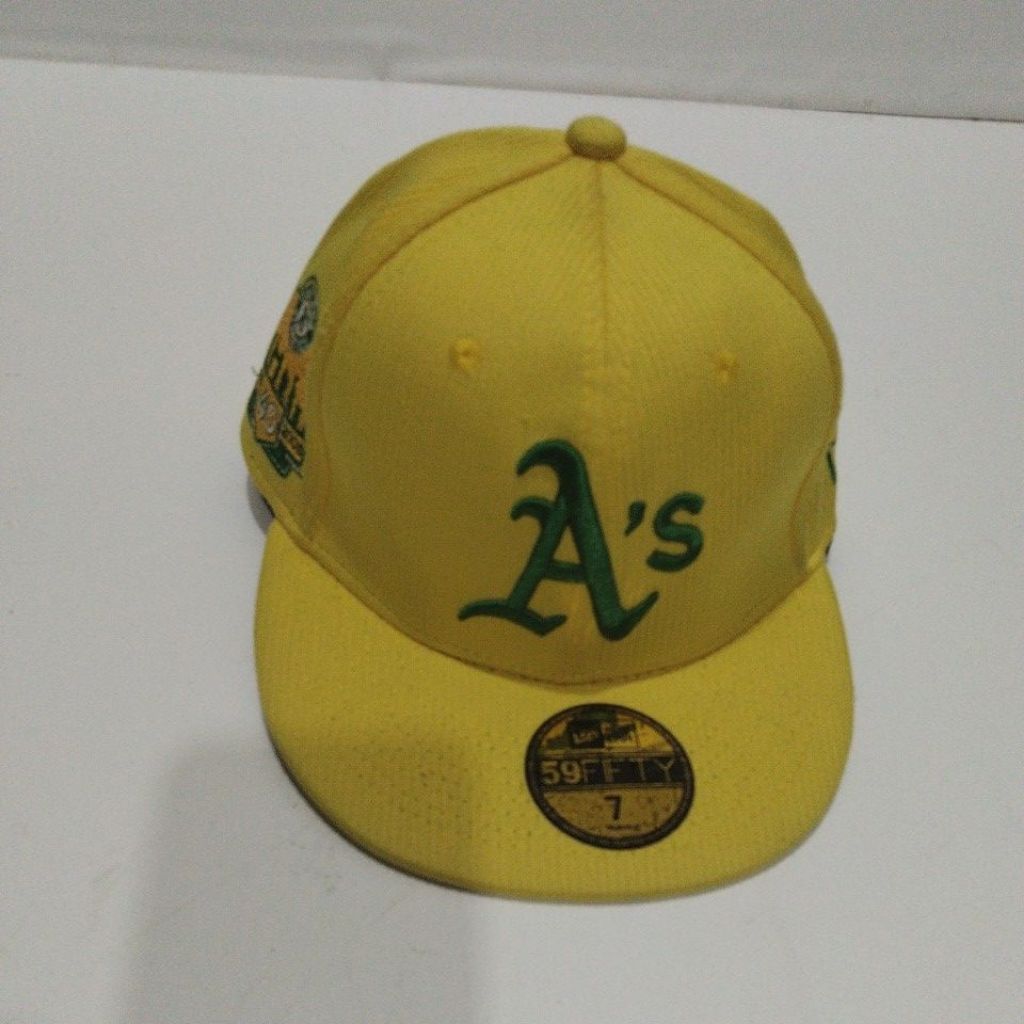 Topi baseball kuning A's 59FIFTY ukuran 7 model flat brim