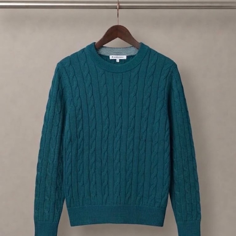 Sweater Global Work Cableknit Rajut Tebal Pria Full Kepang Teal