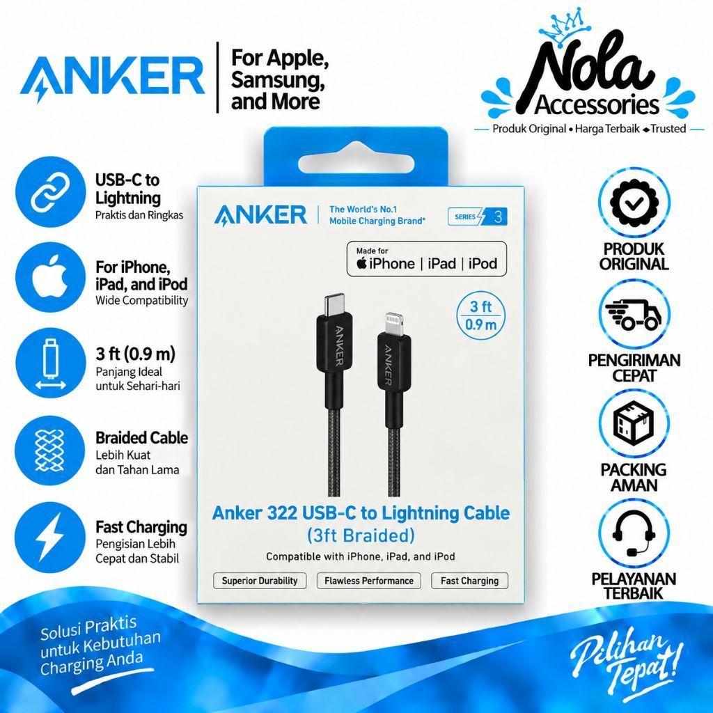 Anker 322 USB-C to Lightning Cable 3ft Braided – Kabel Fast Charging iPhone