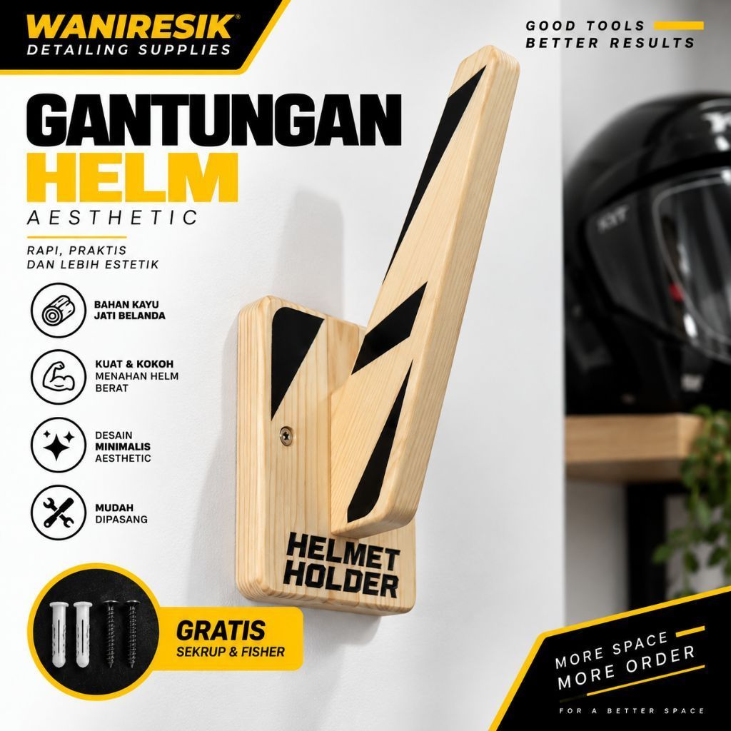 Gantungan Helm Dinding Kayu Aesthetic – Hook Helm Motor Minimalis + Gratis Sekrup & Fisher