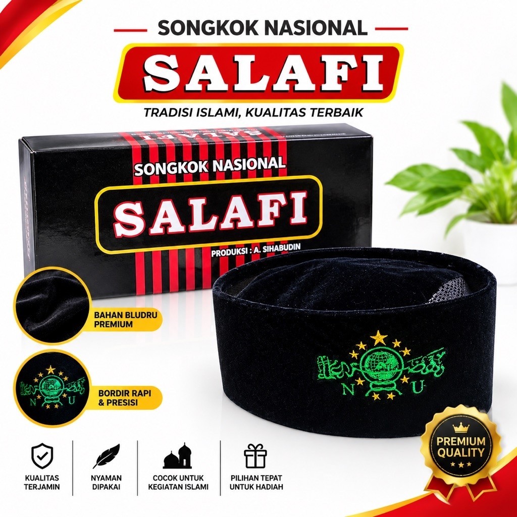 Peci Songkok Hitam Motif NU Bordir Warna Hijau Kuning