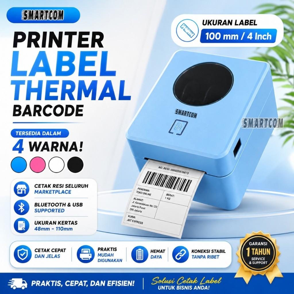 SMARTCOM - Printer Barcode Thermal Label Resi 4 Inch Barcode Printer Bluetooth Thermal 100mm SM9250