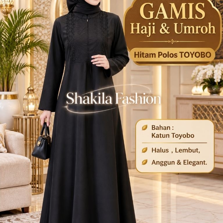 Gamis Haji & Umroh Wanita Hitam Polos Toyobo Renda Dada/Perlengkapan Haji Dan Umroh.
