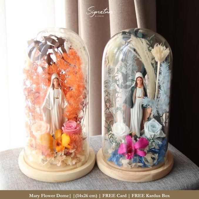 (SB) Mother Mary Figure Flower Dome Preserved | Patung Bunda Maria Bunga Abadi Kering Pajangan Gift