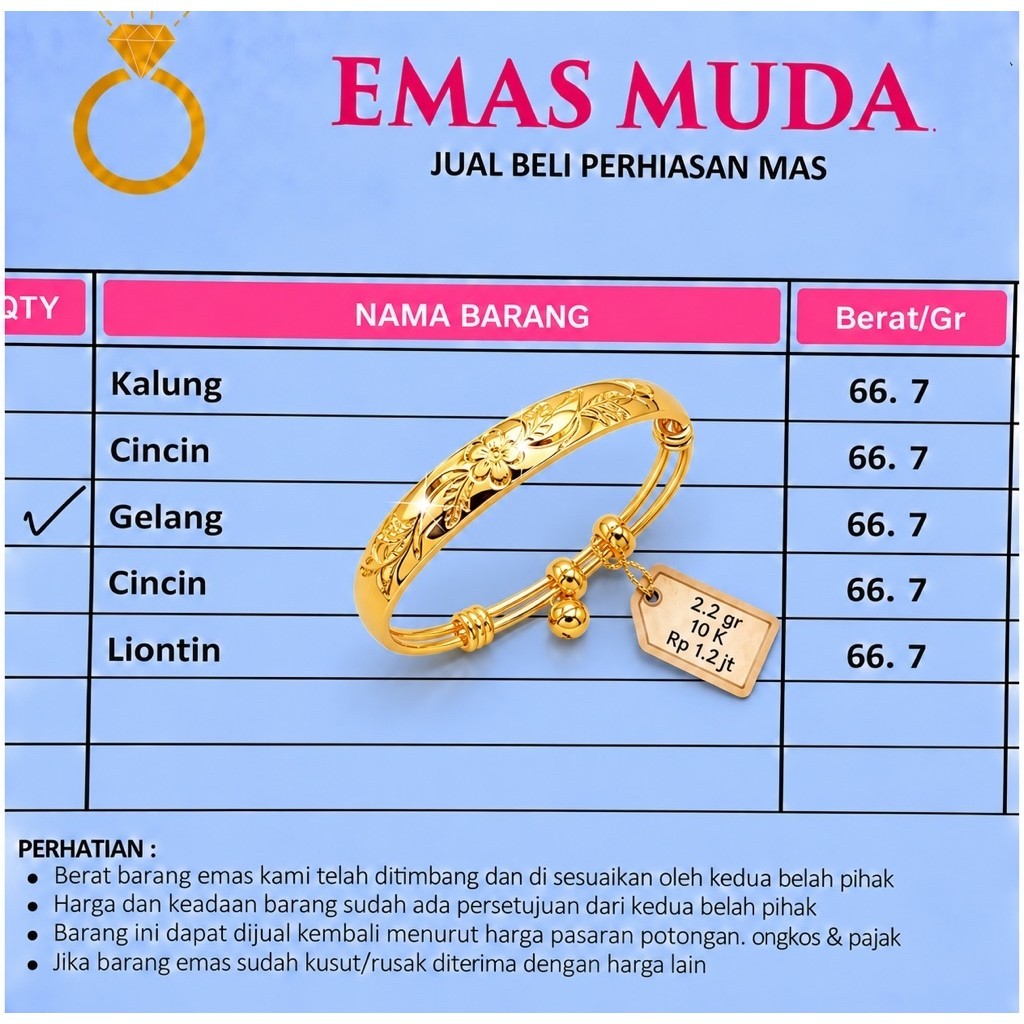 gelang tangan emas muda asli anak motif lonceng dapat surat
