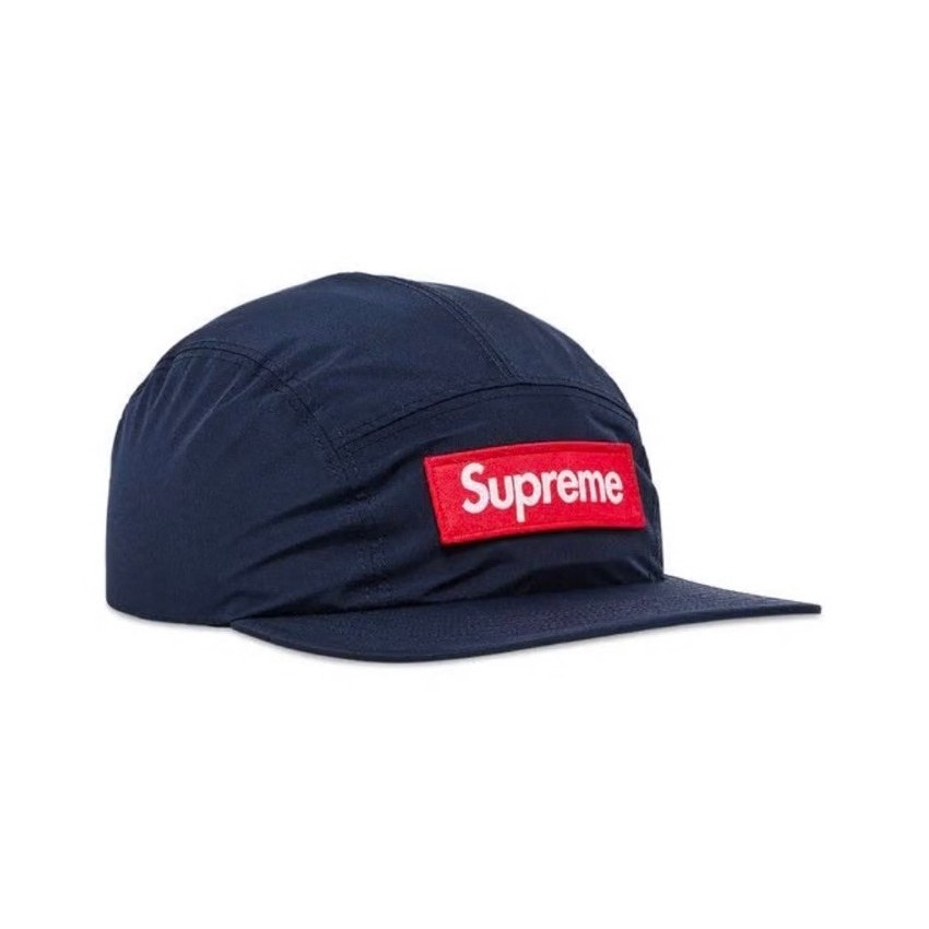 Topi 5 Panel Supreme warna biru tua dengan patch kotak GORETEX NEW