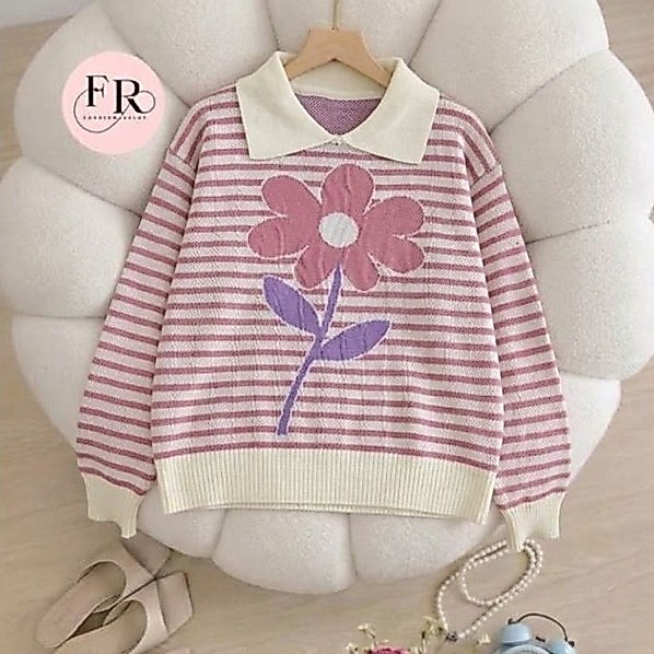 Daisy Polo Sweater Rajut Wanita Motif Bunga Lengan Panjang