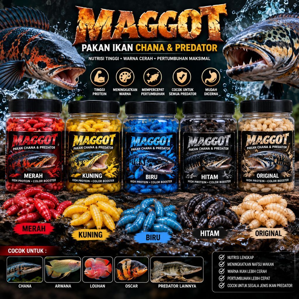 MAGGOT DRY PREMIUM CHANNA 100 GRAM - PAKAN MAGGOT KERING 4 VARIAN WARNA