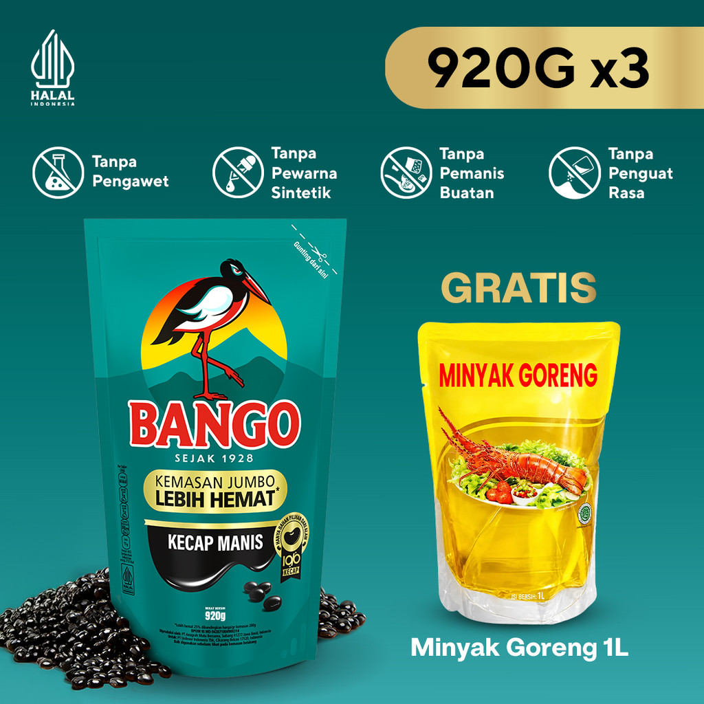 Bango Kecap Manis Refill 920g x3, Free Minyak Goreng 1 liter