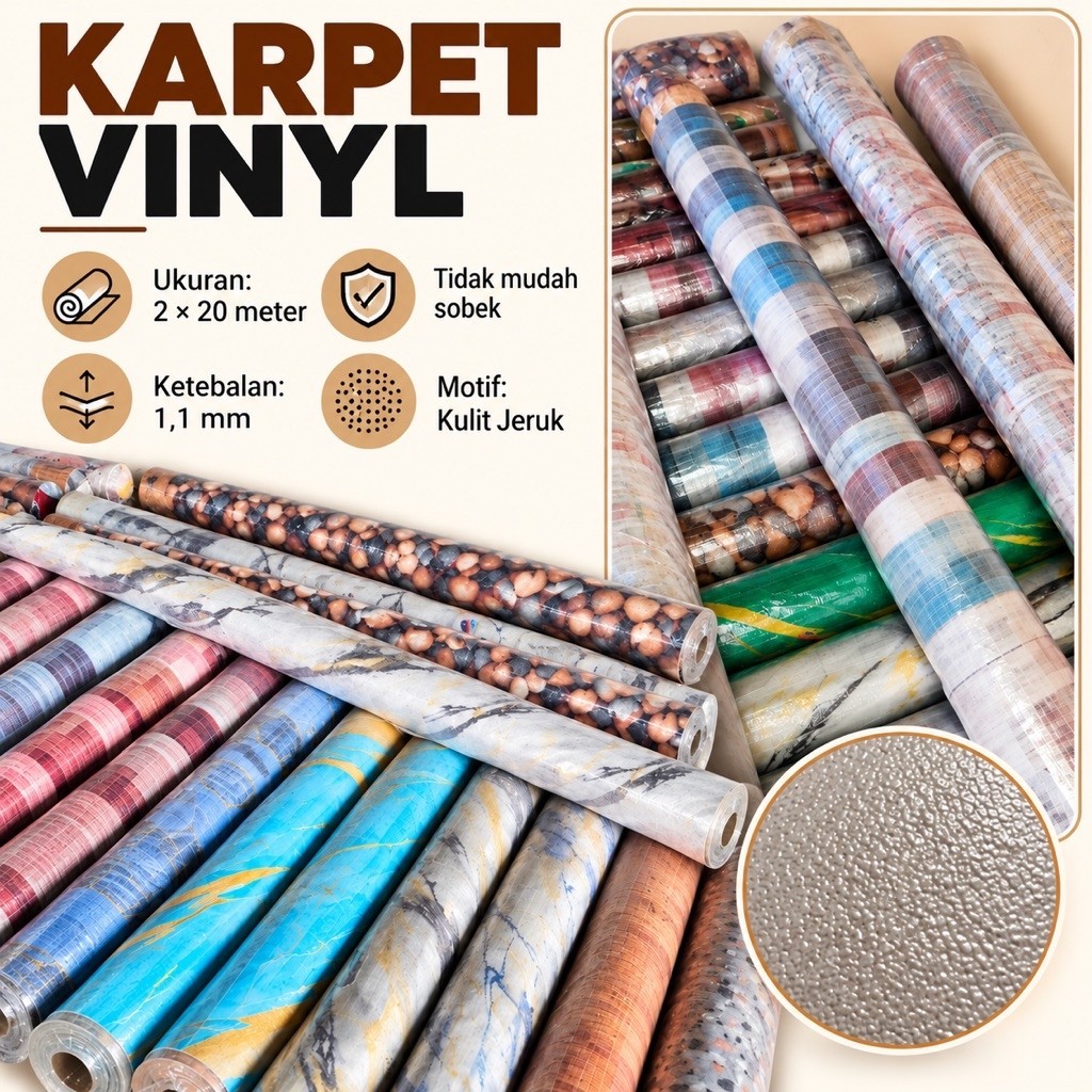 Karpet Vinyl UK 2 x 20 M / Karpet Lantai Vinyl Korea / Karpet Rumah / Karpet Murah Kulit Jeruk