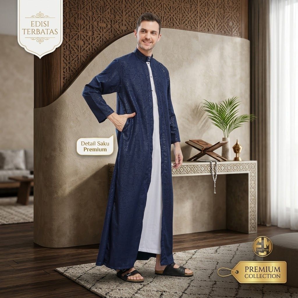 Family Muslim - Jubah Gamis Pria Dewasa Lengan Panjang 2in1 Al-Azhar Hiitam