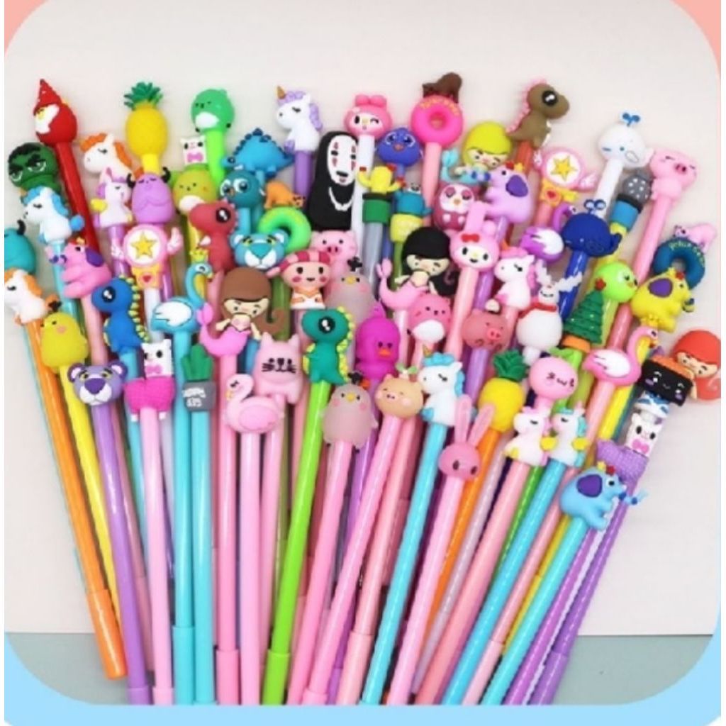 12 Pcs Pulpen Gel Kuke Warna Acak - Tinta Hitam, Motif Acak, Tinggi 17 cm
