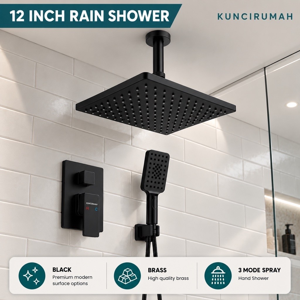 Rain shower set hitam 12 inch kuningan / Kran shower tanam  set black