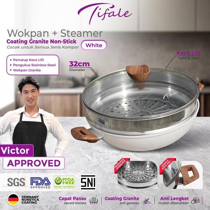[Victor Approved] Tifale [2In1] White Wokpan Diameter 32Cm + Glass Lid + Granite Steamer Non Stick /