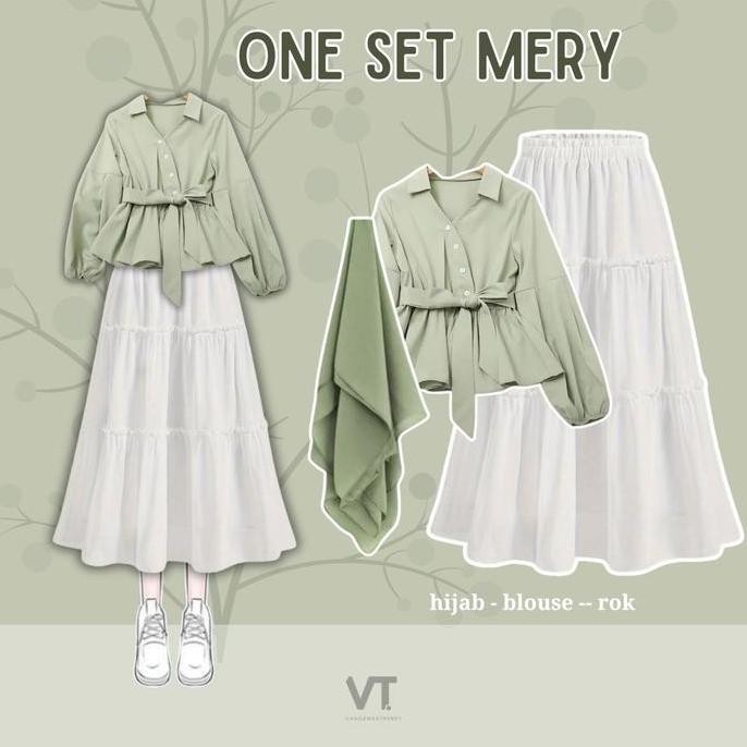 One Set Mery (Hijab, Blouse, Rok) Setelan Baju Wanita Hijab Ootd Korea Style