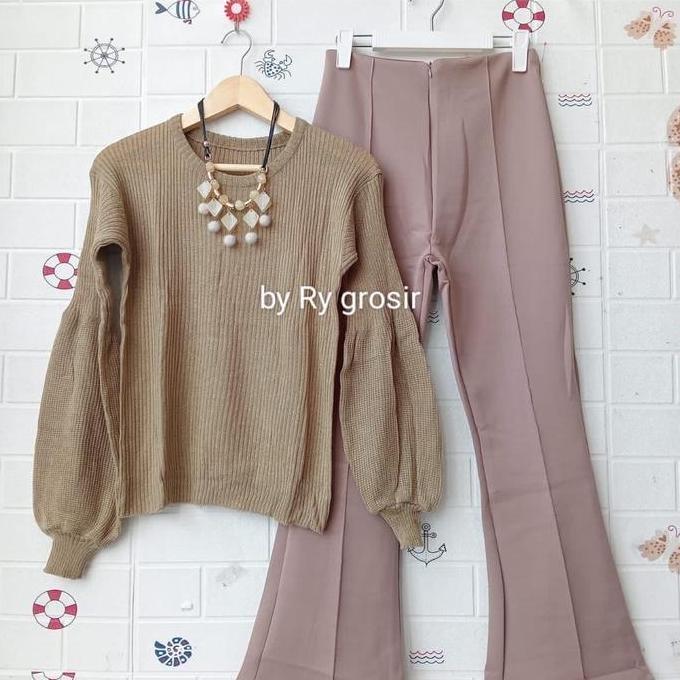 Setelan Rajut Lengan Balon Celana Cutbray Scuba Panjang