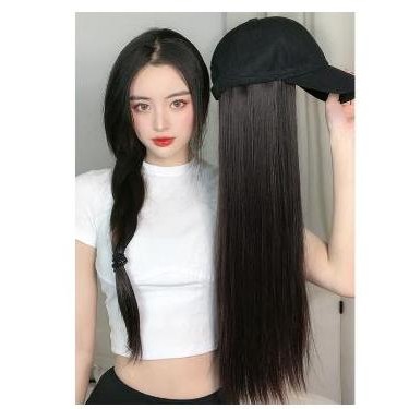 Wig Topi - Wig Model Topi Rambut Panjang Lurus Hitam Wanita