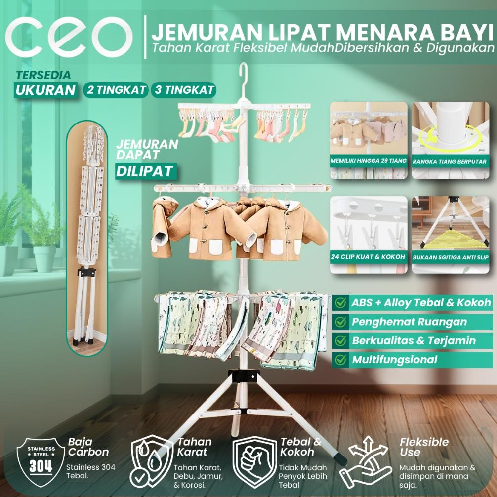 CEO Jemuran Menara Pakaian Portable Baju Bayi 2/3 Tingkat Serbaguna Set Klip Handuk Celana baby