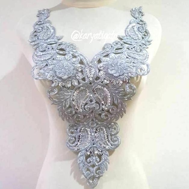 

monggo] Renda Bordir Kerah V Neck Full Payet - Perak