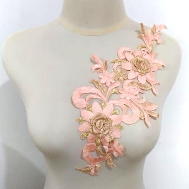 

] Renda Aplikasi Bordir Tabur / Patch Bordir Bunga Rosa Salem-Emas