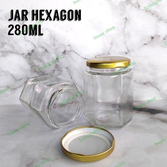 JAR /BOTOL /TOPLES KACA HEXAGONAL 280ML TUTUP GOLD