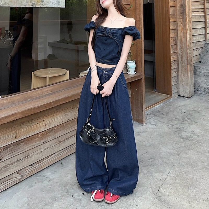 Atasan Pita Bahu Terbuka Wanita Celana Denim Pinggang Tinggi Celana Lebar Set Dua Potong