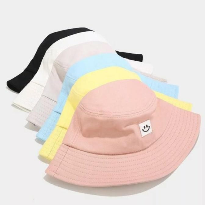Bucket Hat Smile, Topi Buckhet Dewasa,Hitam,Putih,Kuning,Pink,