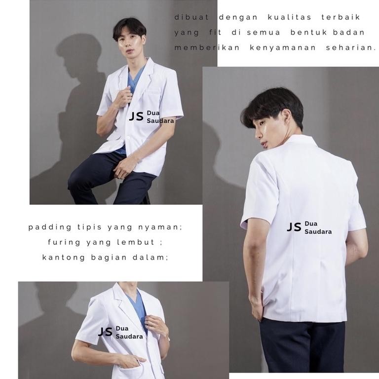 Jas Dokter Pria Lengan Pendek / Sneli Pria Lengan Pendek / Baju Dokter Pria / Jas Putih Pria Merk Du