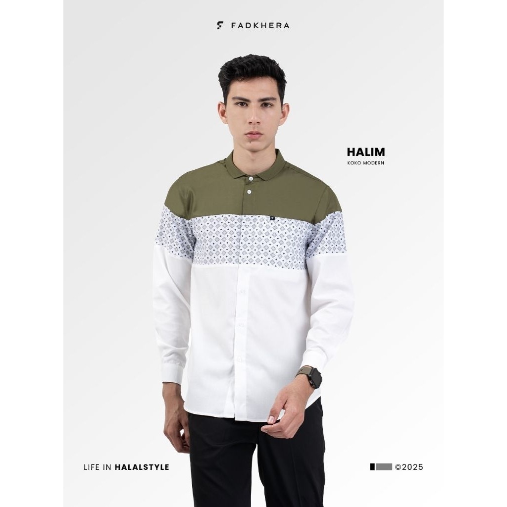 Fadkhera HALIM Koko Modern Kemeja Pria Motif Putih Sage Green