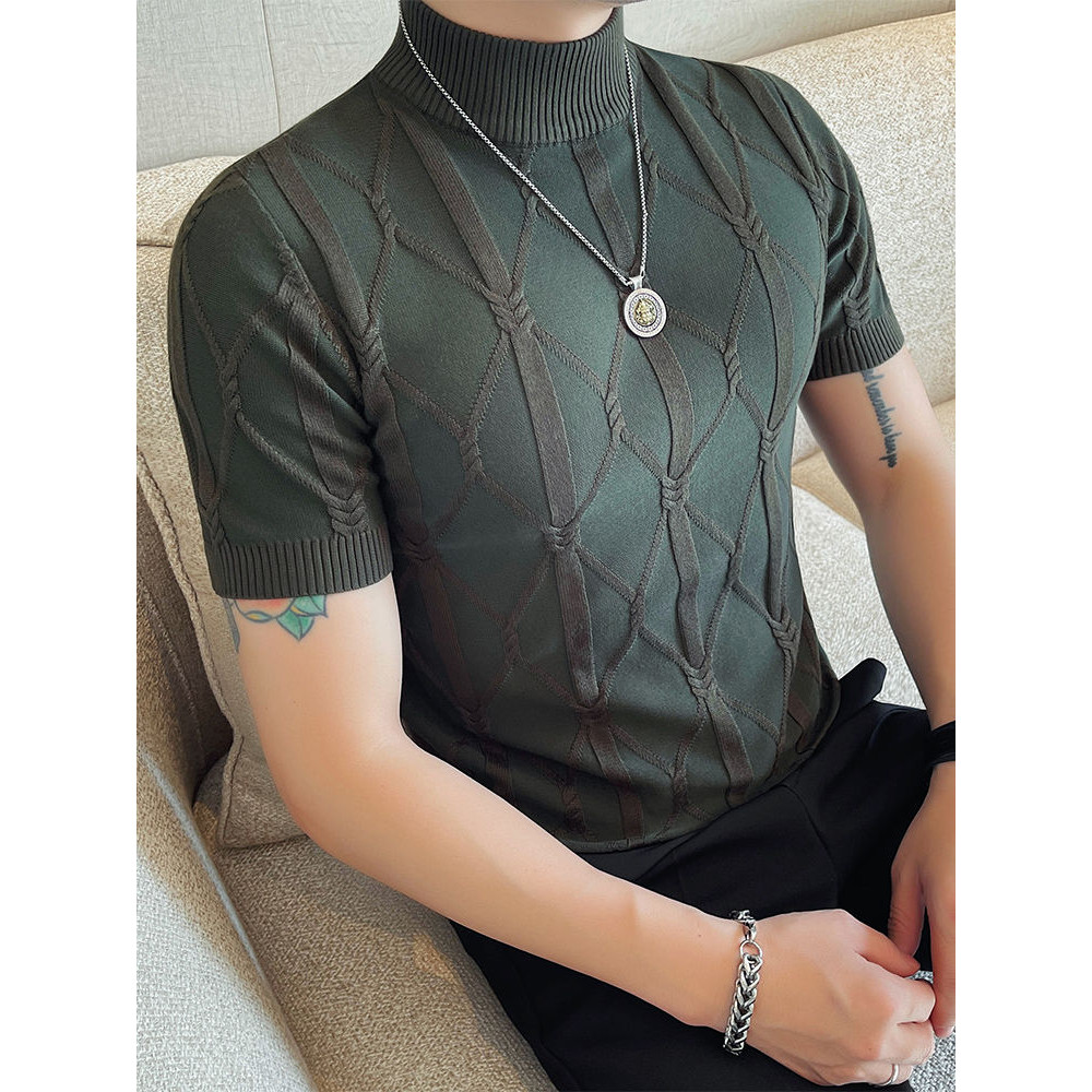 Sweater Lengan Pendek Kerah Setengah Berlian Pria Kaos Rajut Dalam T Baju Kaos