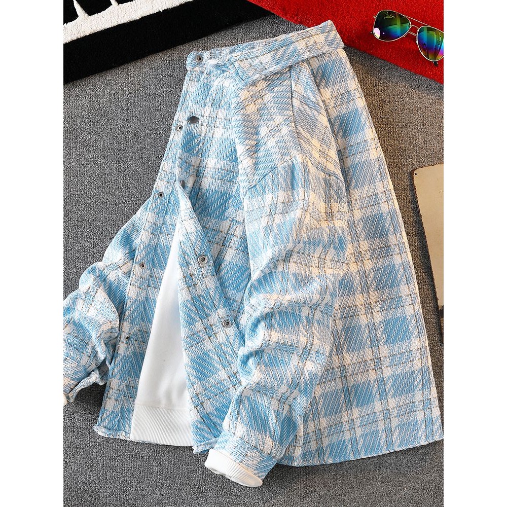 Mantel Wol Pria Berkualitas Tinggi  Jaket Kemeja Kotak-Kotak Santai Longgar