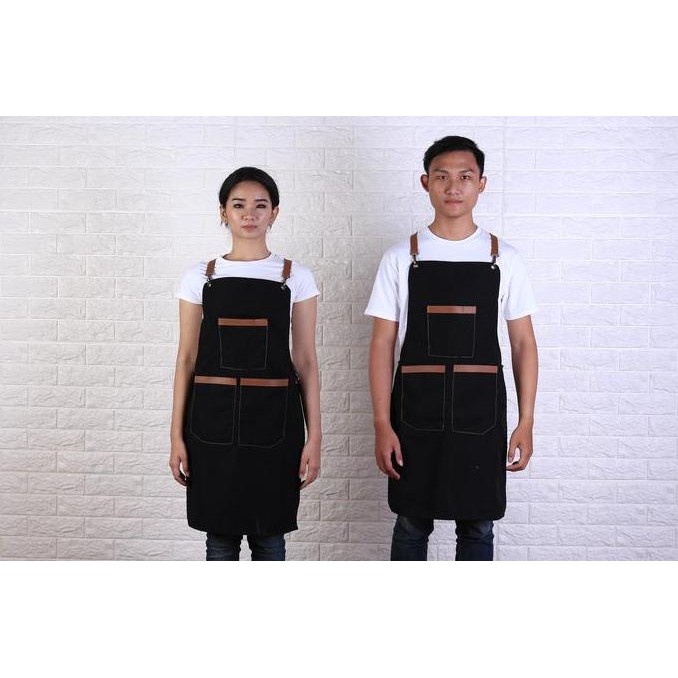 apron barista jeans /canvas custom bordir tali kulit ,leather strap barista apron celemek barista cu