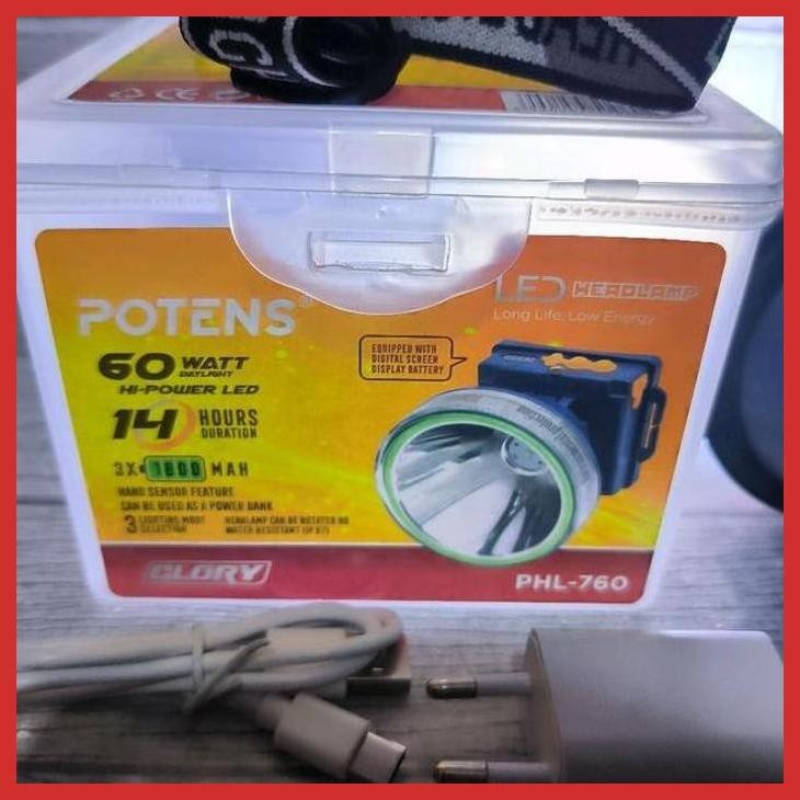 PROMO POTENS PHL-760 LAMPU SENTER KEPALA 60W 60 WATT RECARGEABLE HEAD LAMP SENSOR GERAK CAHAYA PUTIH