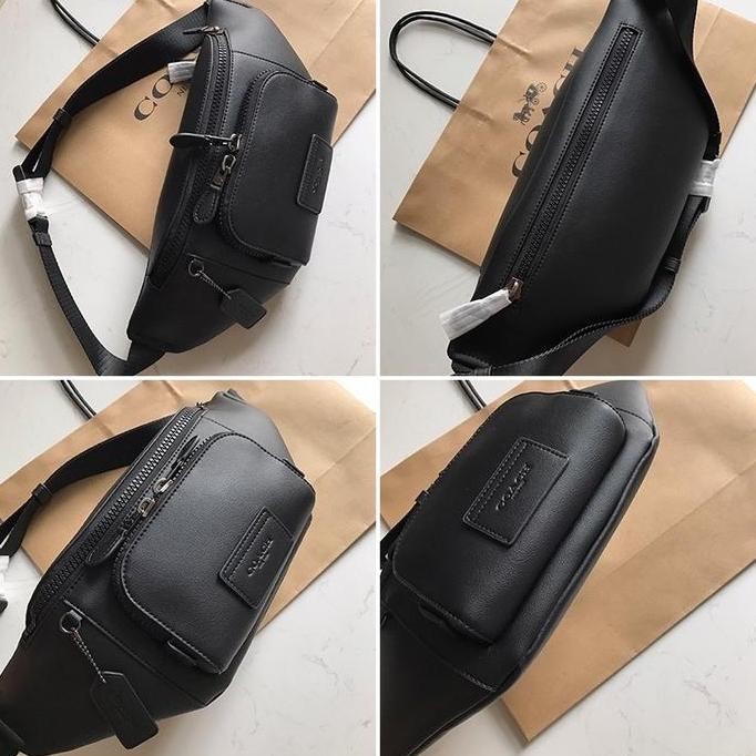 Waistbag Pria [Original] Coach Track Belt Bag In Black Leather Waist Bag Coach Bag