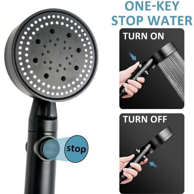 Shower Set 4in1 Warna Hitam Kepala Shower 5 Mode, Tekanan Tinggi, Selang & Dudukan Lengkap