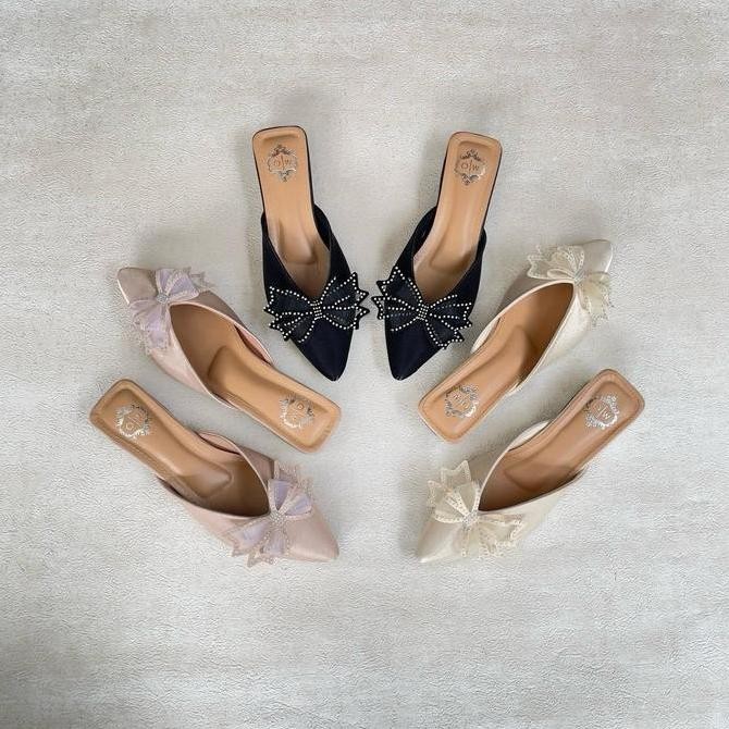 DI9 >> Sepatu Wanita Mules ENZO Faduzzi Sandal Selop Pesta Nylon Polos Slip On Hak Rendah Shoes Send