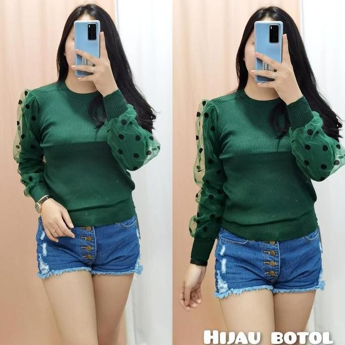 GLIVEO (COD) - BLOUSE LENGAN BALON TILE POLKA KECIL RAJUT IMPORT / ATASAN RAJUT LENGAN PANJANG/ BLUS