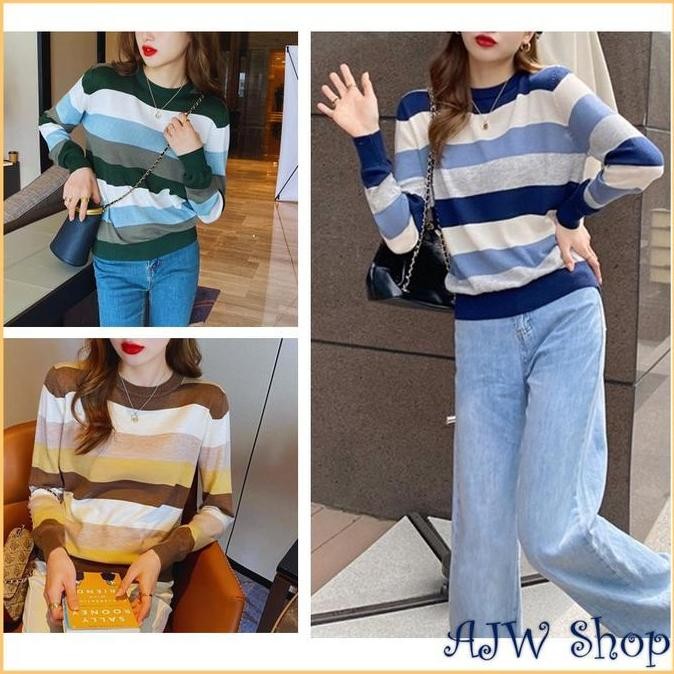 AJW [XBG] Atasan Oversize Wanita Salur Rajut | Atasan Rajut Oversize Garis Garis | Oversize Wanita A