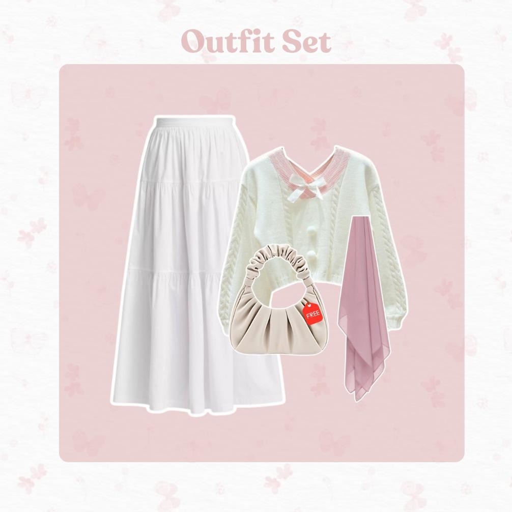 Ready Stock One Set Korean Style | Ootd Wanita Kekinian (Sweater Rajut Kawai, Rok Susun Hyget, Hijab