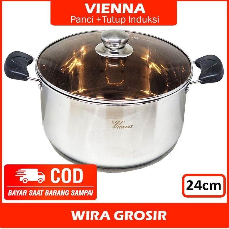 Vienna Panci Stainless Tebal +Tutup Kaca 24cm (bisa untuk kompor listrik induksi) | Casserole Sup