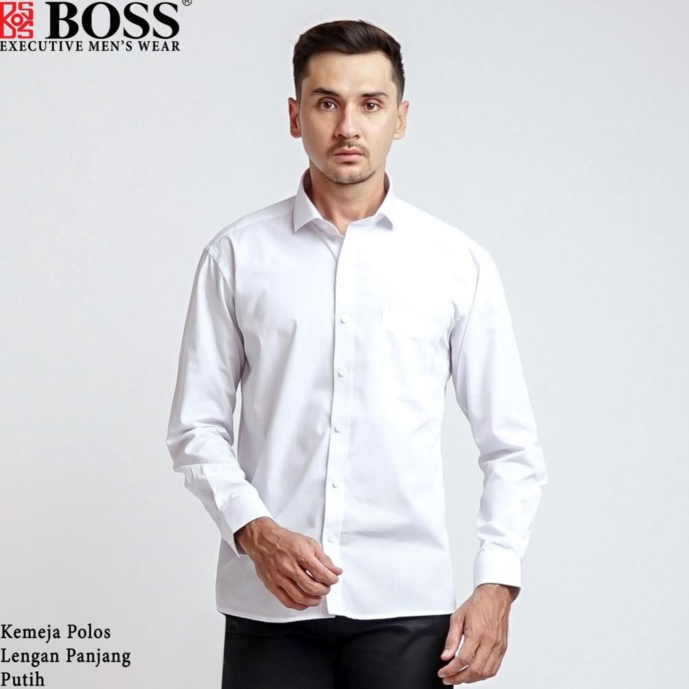 Trendy BOSS Kemeja Polos Pria Lengan Panjang Putih ~