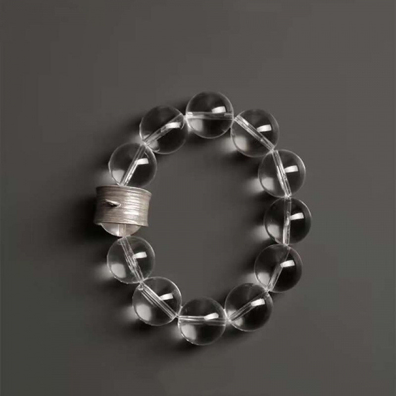 High-end Design Natural Pure Body White Crystal Extra Large Bead Bracelet with Sterling Silver Ring 