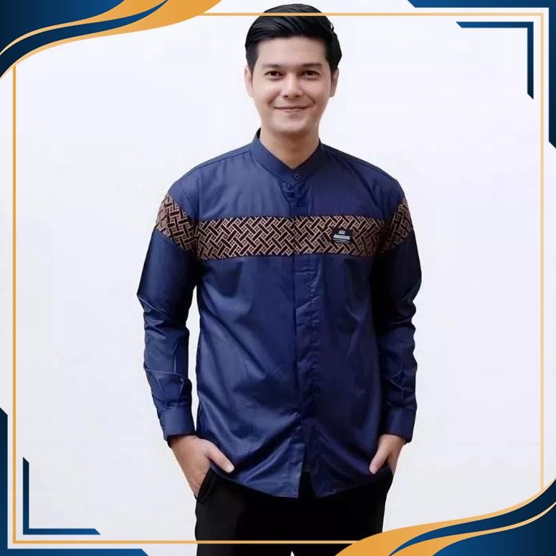 Berkualitas baju Koko pria dewasa lengan panjang motif kobata qynang warna navy kombinasi batik WTP-