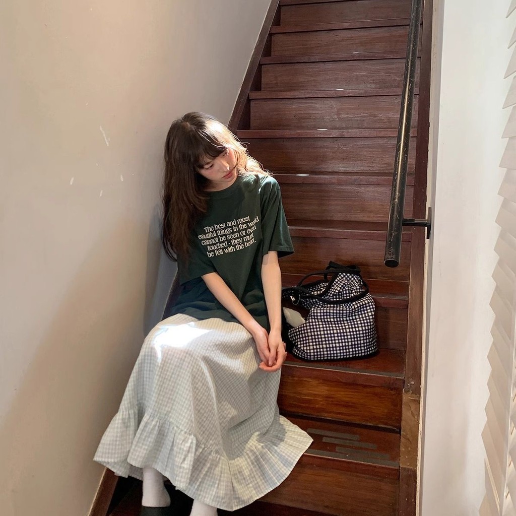 [PickMe Shop] Rok kotak-kotak berumbai rok maxi pinggang tinggi