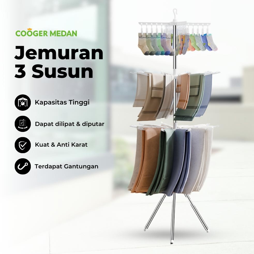COOGER MEDAN Rak Jemuran Baju 3 Susun 24 Jepitan Stainless Untuk Pakaian Bayi Celana Kemeja Anti Kar