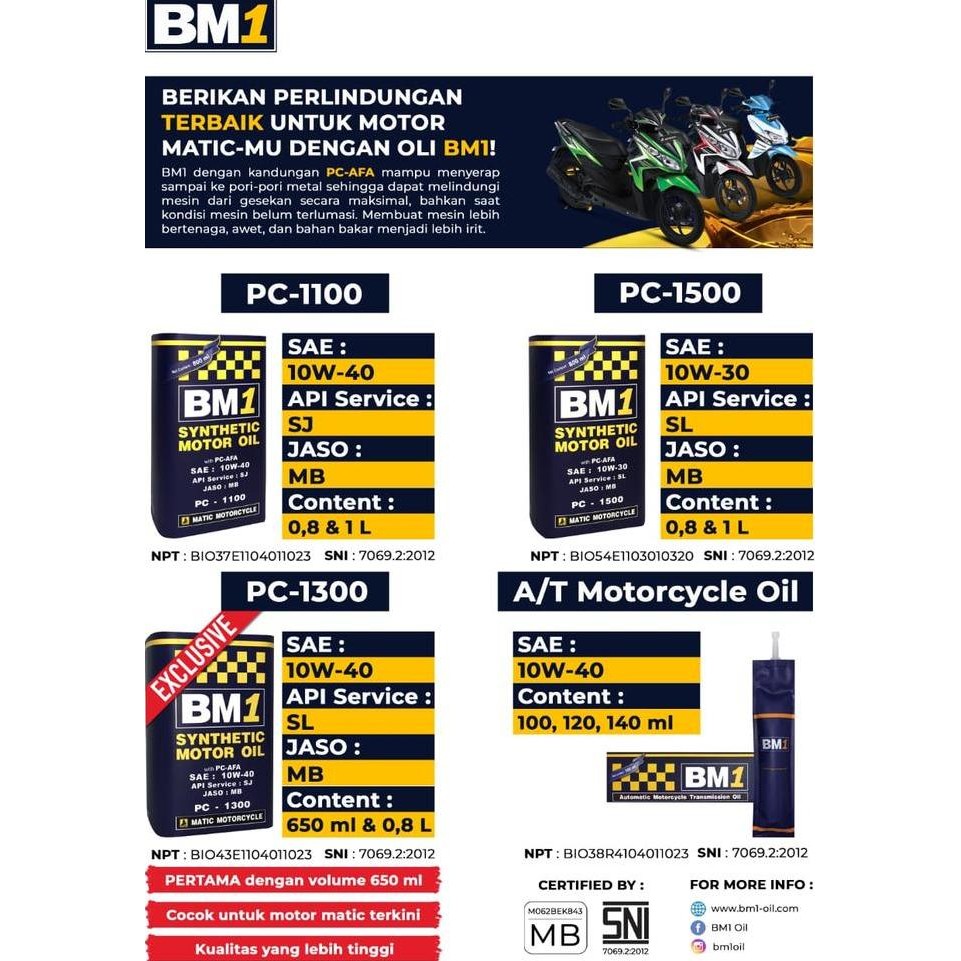 Oli Motor Bm1 4T 10W40 Sj Pc1100 1Liter Satria Fu Tiger Mx Original