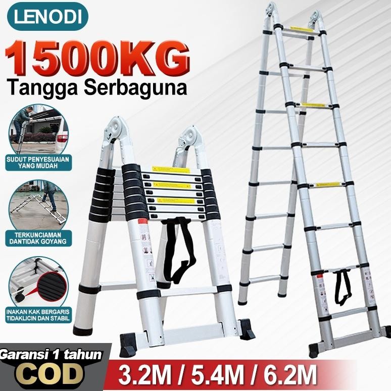 Lenodi  Tangga Teleskopik Portabel Rumah Tangga 3.2Meter Multifungsi Dengan Teknik Tangga Lipat/Tang