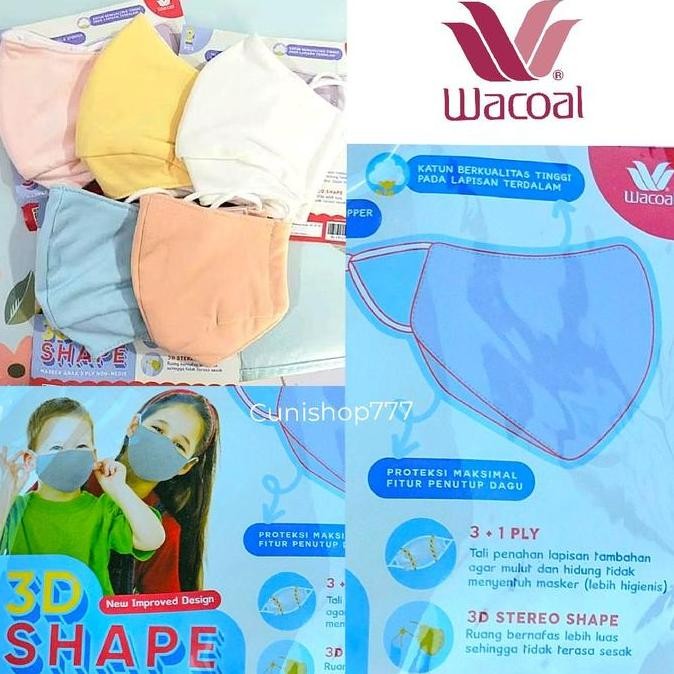 WACOAL MASKER ANAK 3D 3 PLY + 1 KAIN KIDS MASK isi 2 KATUN POLOS EARLOOP STOPPER
