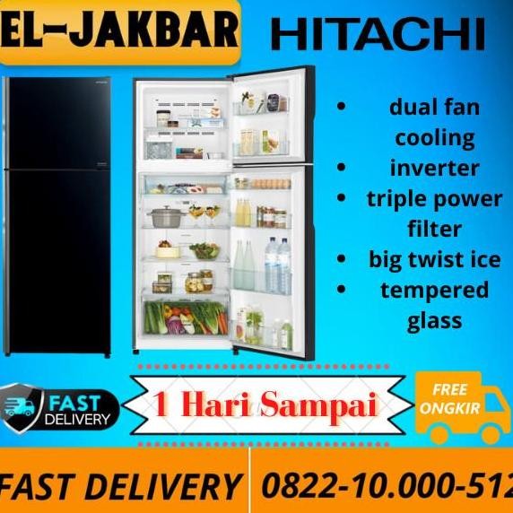 Hitachi R-Vgx48Pgd9-Gbk Kulkas 2 Pintu Led Light 407 Liter Glass Black