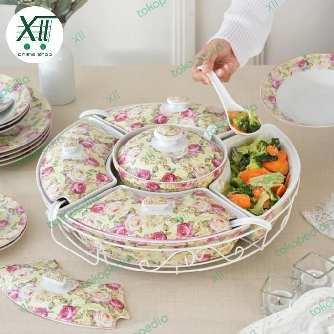 Vicenza Ha~14 Rose Round Roller Bowl Set Wadah Saji Prasmanan 5 Sekat